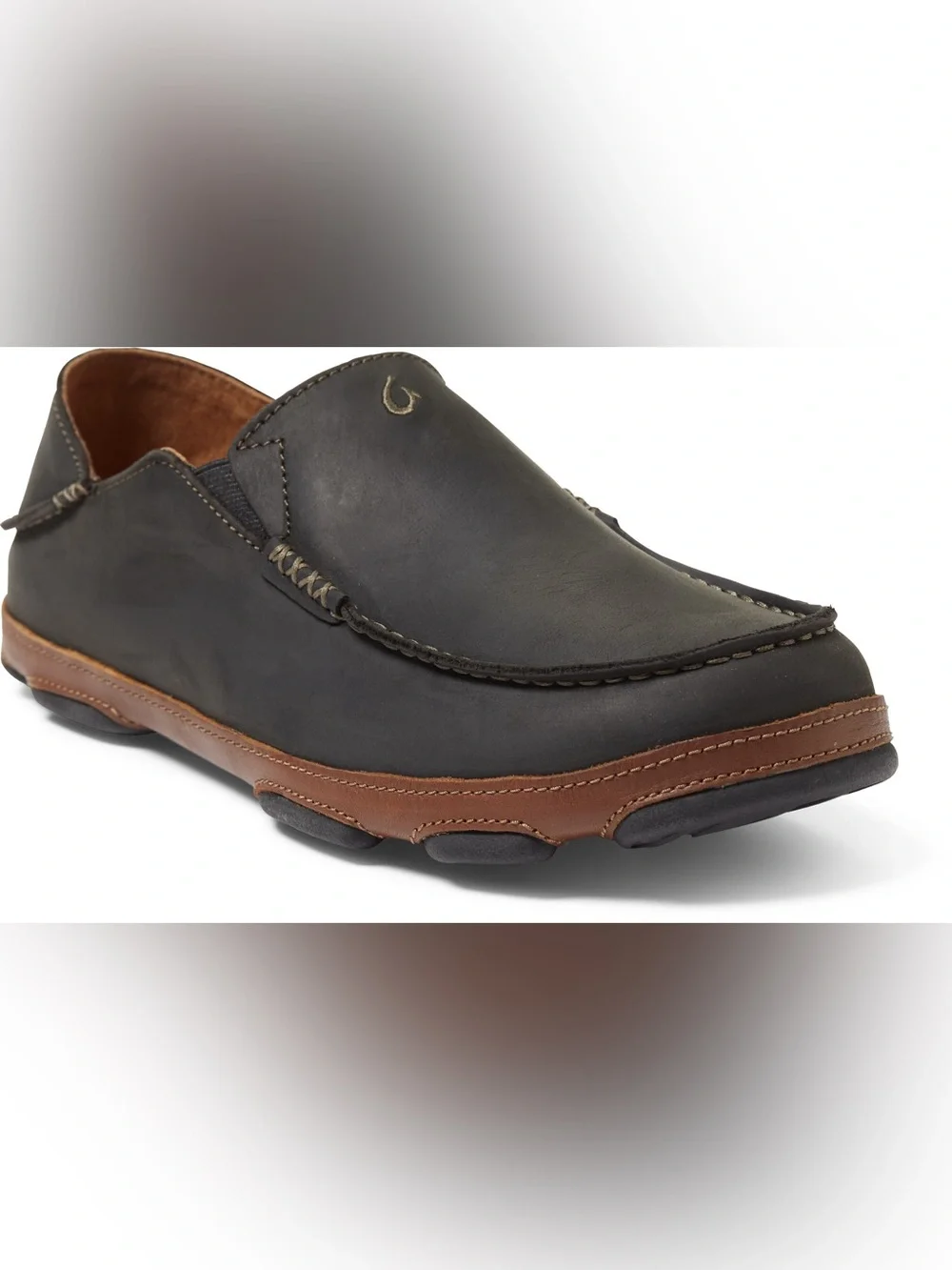 OLUKAI Black Moloa Leather Slip On Shoes